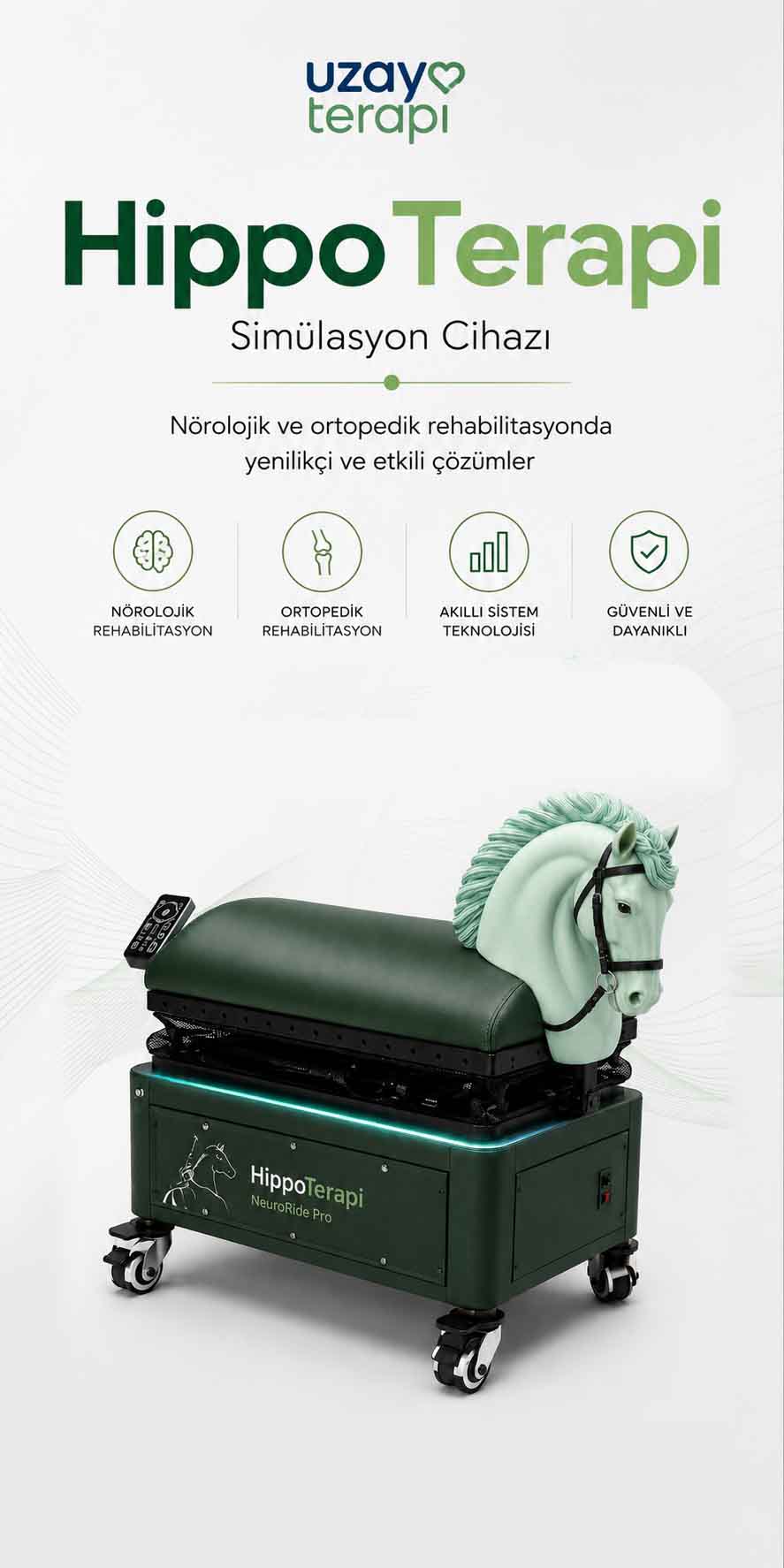Uzay Terapi tarafından geliştirilen Hippo Terapi Simülasyon Cihazı tanıtım görseli. Cihaz; serebral palsi, inme, nörolojik rehabilitasyon, ortopedik rehabilitasyon ve denge eğitimi uygulamalarında kullanılan yenilikçi hippoterapi simülatörüdür. Görselde ayrıca Google Kitaplar'da satışta olan Uzay Terapi Sistemi kitabı yer almaktadır.