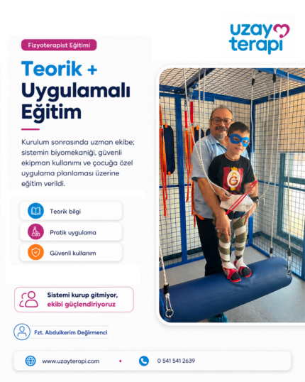 Uzay Terapi Sistemi kurulumu sonrası uzman ekibe verilen teorik ve uygulamalı eğitim: Biyomekanik, güvenli ekipman kullanımı, çocuğa özel uygulama planlaması.