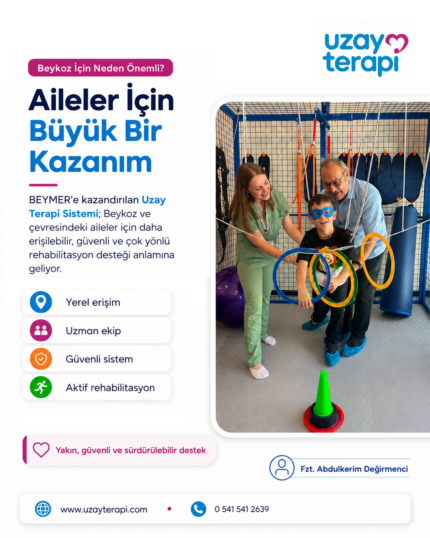 BEYMER'de Uzay Terapi Sistemi, Beykoz ve çevresindeki aileler için erişilebilir, güvenli ve çok yönlü rehabilitasyon desteği sunuyor. Yerel erişim, uzman ekip, güvenli sistem, aktif rehabilitasyon.