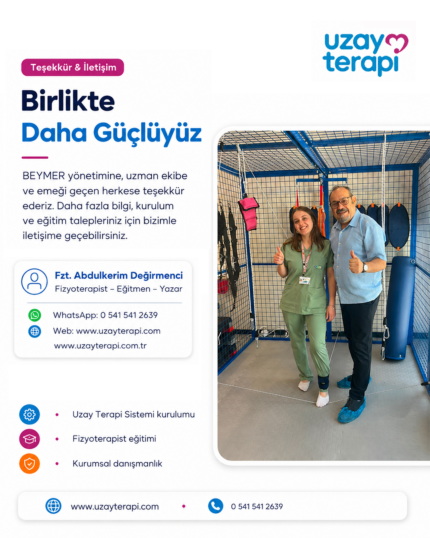 Uzay Terapi Sistemi kurulumu, fizyoterapist eğitimi ve kurumsal danışmanlık için Fzt. Abdulkerim Değirmenci ile iletişime geçin. WhatsApp ve web iletişim bilgileri.