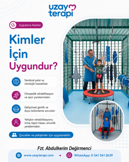 Uzay terapisi kimler için uygundur? Serebral palsi, nörolojik hastalıklar, ortopedik rehabilitasyon, spor yaralanmaları, gelişimsel gerilik, inme, beyin hasarı ve omurilik yaralanmaları için çocuklar ve yetişkinlerde uygulanabilir.